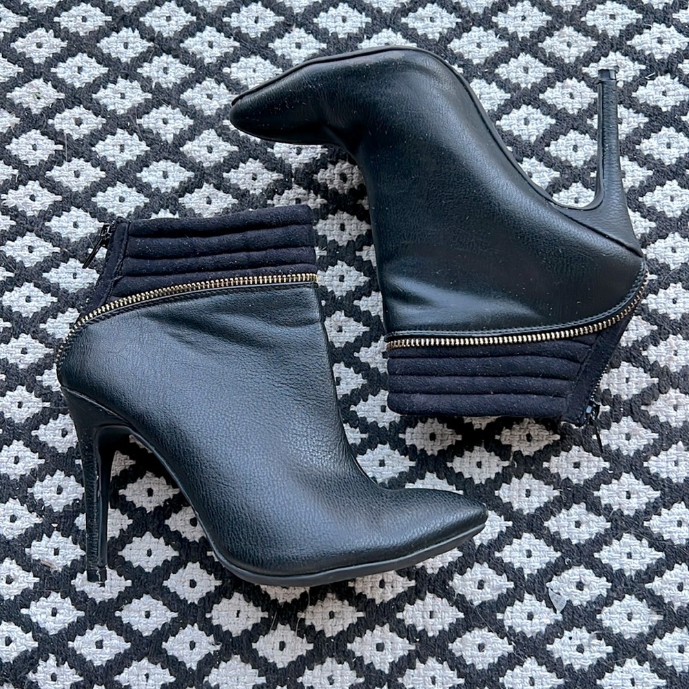 Wild Diva black faux leather stiletto booties with gold zipper detail